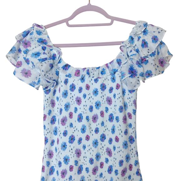 LoveShackFancy Smocked Kodie Mini Dress Purple Blue Floral Ruffle Sleeve Small - Picture 8 of 15
